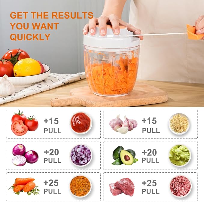 Manual Food Processor Vegetable Chopper, Portable Hand Pull String Garlic Mincer Onion Cutter for Veggies, Ginger, Fruits, Nuts, Herbs, etc., 900ml