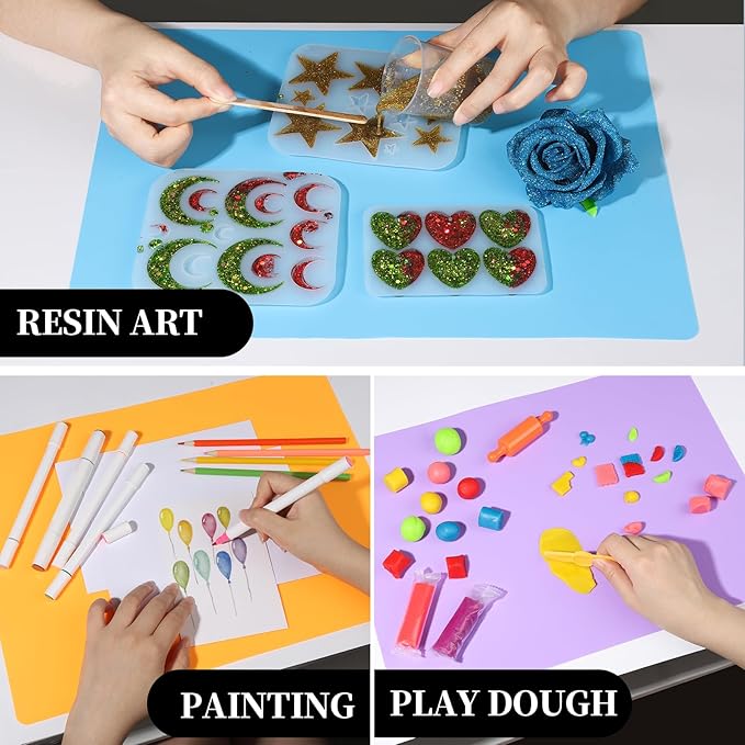 LEOBRO Silicone Mats, 3 PCS 15.7”x 11.7” Silicone Mats for Crafts, Resin Molds, Play Dough Mat for Resin, Clay, Craft Supplies, Orange & Purple & Blue