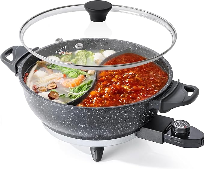 TWIN™ Electric Hot Pot with Divider | EvenHeat Cast Aluminum Non-Stick Pot for No-Spot Cooking | 1500W Fast Heating | 4.5QT Dual-Flavor Shabu Shabu Pot for Family Use | 1-Yr Warranty