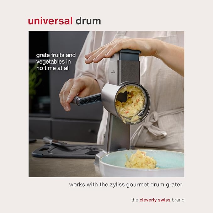 Zyliss E900059 Universal Drum Grater, Stainless Steel, Grating Apples, Cereals, Granola, for Use with Zyliss Rotary Cheese Grater, 5 Year Guarantee