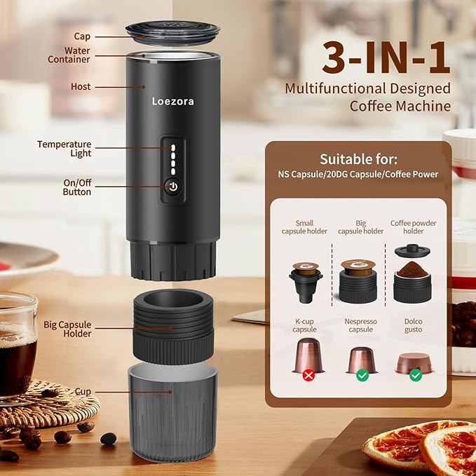 Leozora 20Bar Portable Espresso Machine, 7500mAh USB-C Rechargeable, 3-in-1 for Ground Coffee & Nespresso/DG Capsules, Stainless Steel Travel Coffee Machine for Camping, Car, Office,Black
