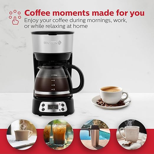 Holstein Housewares 5-Cup Programmable Coffee Maker, 25oz Drip Coffee Machine with Auto Brew Timer, Pause & Serve, Compact Design – Perfect for Home, Office & Dorm Use, Black