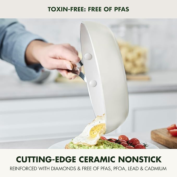 GreenPan Nova 8” Frying Pan Skillet, Induction Suitable Diamond Infused PFOA and PFAS-Free Nontoxic Ceramic Nonstick, Dishwasher and Oven Safe Fry Pan, Quick Even Heating, Cream White