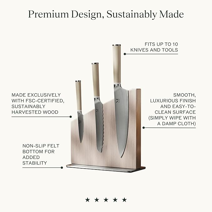Material Knife Stand, Magnetic Wood Modern Knife Block for Safe Storage and Display of Knife Sets, Large Capacity for 10 knives, White Ash