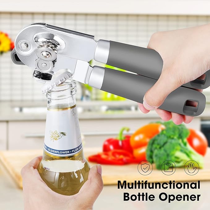 Beneno Heavy Duty Hand Can Opener Manual with Magnet, Durable Sharp Carbon Steel Blade Smooth Cutting, Big Effort-Saving Knob & Soft Grip Handle, Multifunctional Kitchen Tool with Bottle Opener, Gray