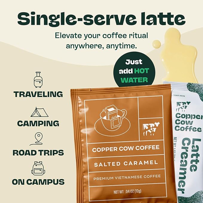 Copper Cow Premium Vietnamese Coffee Variety Pack (15 Coffees & 15 Creamers)| Classic Black, Vanilla, & Salted Caramel Latte | Pour Over Single-Serve Lattes, No Refrigeration Needed, Travel Friendly