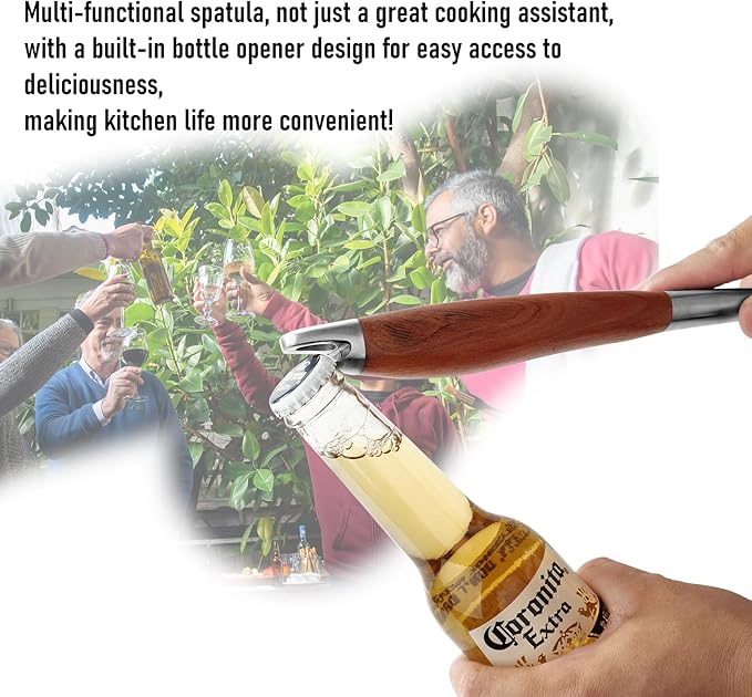 KULUNER Professional Grade Stainless Steel Cooking Spatula - 17 Inches, Sturdy and Durable, Premium Solid Wood Handle, with Bottle Opener, Suitable for Barbecue, Outdoor Kitchens, and Grilling Food