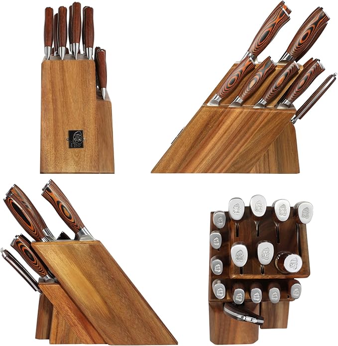 TUO 17 PCS Kitchen Knife Set for Kitchen with Block, German X50CrMov15 Steel Blade Knife Block Set, Full Tang Pakkawood Handle