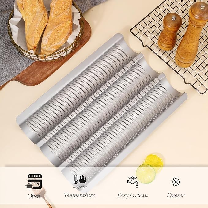 Hesanzol Baguette Pans for Baking 15" x 11", Carbon Steel 3 Loaf Nonstick Baguette Baking Tray for French & Italian Perforated French Bread Pan (2pack - Silver)
