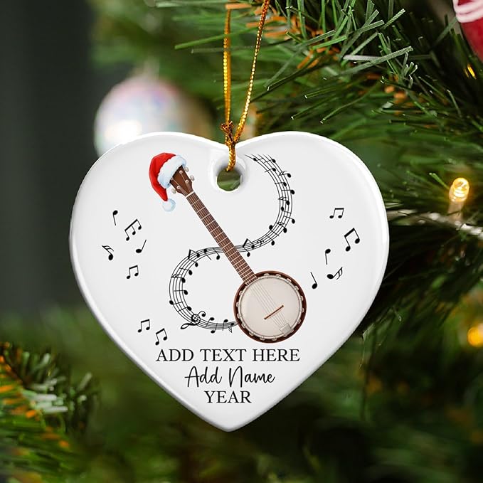 Personalized Banjo Musical Instrument Ceramic Ornaments, Customized Banjo Christmas Ornament with Text Name Year, 2025 Christmas Ornament Gift for Musician/Teacher/Student, Banjoist Keepsake