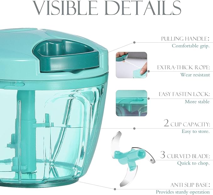 Ourokhome Manual Food Processor Vegetable Chopper, Portable Hand Pull String Garlic Mincer Onion Cutter for Veggies, Ginger, Fruits, Nuts, Herbs, etc., 650ml, Blue