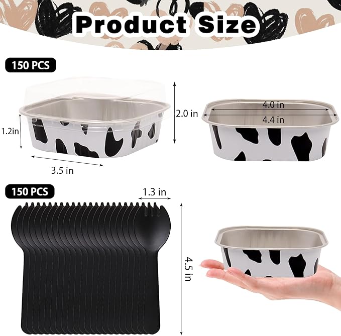 FORBFAN 150 Pcs Mini Square Baking Cups with Lids, 8 oz Mini Aluminum Cake Pans, Small Baking Tins Cow Print