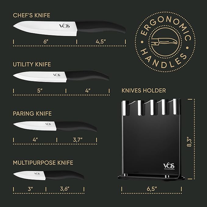 Vos Ceramic Knife Set with Block, Ceramic Knives Set For Kitchen, Ultra Sharp Kitchen Knife Set with Covers, 3" 4" 5" 6" Chef Knife, Utility, Paring & Versatile, Lightweight, Dishwasher safe (Black)