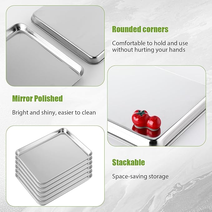 Mimorou 6 Pcs Baking Sheet Set Stainless Steel Cookie Sheet Cookie Baking Pan Bakeware Oven Tray Dishwasher Safe Commercial Grade Pans(12x9.5x1 Inch)