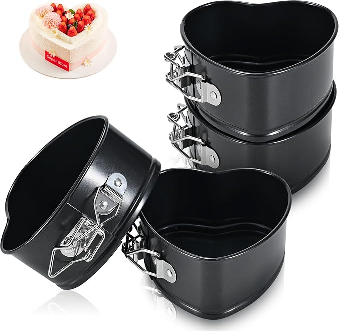 4 Pack Non-Stick Cheesecake Pan Springform Cake Pan Set, 4" Leakproof Moule a Gateau Heart Cake Pan, Removable Bottom Quick Release Latch Moulds for Birthday Cake