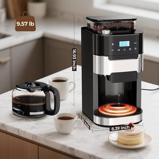 Drip Coffee Maker with Grinder Built In, 10-Cup Grind and Brew Coffee Machine, Programmable with Brew Strength, Permanent Filter, Glass Carafe, 50oz Water Reservoir, Ideal for Home/Office, Black