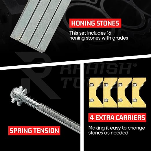 Engine Cylinder Hone Kit 2.5" to 5.5" with 4 Extra Carriers Adjustable Handheld Honing Machine Tool Kit with 16 Stones Sizes 4" x1/2" x1/2" - Works for Mid-Size to Larger Car Engines