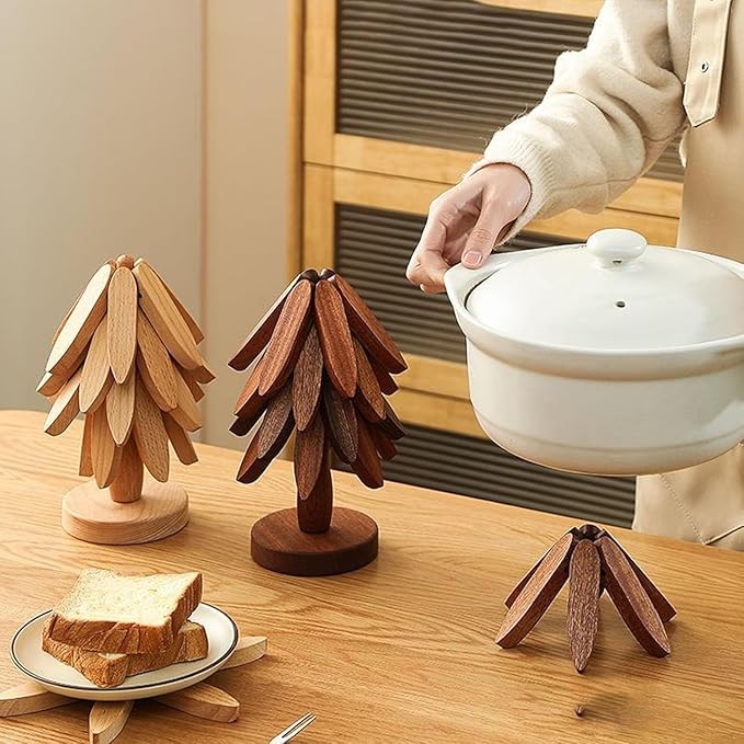 Natural Wood Tree Trivet Set, 𝐍atural Tree Trivet Set - 4 Wooden Trivets,4 Wooden 𝐓rivets & 1 Stand Like a Christmas Trees,for Hot Dish,Pot,Bowl,Teapot,Hot Pot Sets (Natural Wood 3 Trivets,3set)