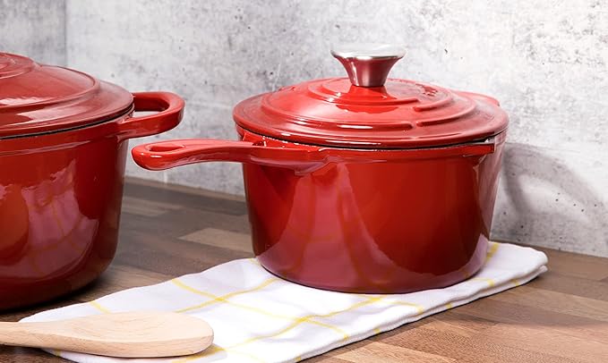 Larder & Vine 5-Piece Enameled Cast Iron Cookware Set - Includes 5.7 Quart Dutch Oven with Lid, 10.25 Inch Skillet, 2.2 Quart Saucepan with Lid (Cabernet)