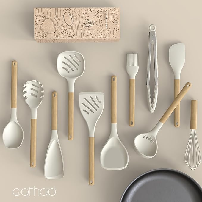 Silicone Cooking Utensils Set, 446°F Heat Resistant Silicone Kitchen Utensils for Nonstick Cookware, Kitchen Gadgets Spatula Set, Spoon, Turner, Tongs, Ladle, Whisk, BPA FREE (Cream White)