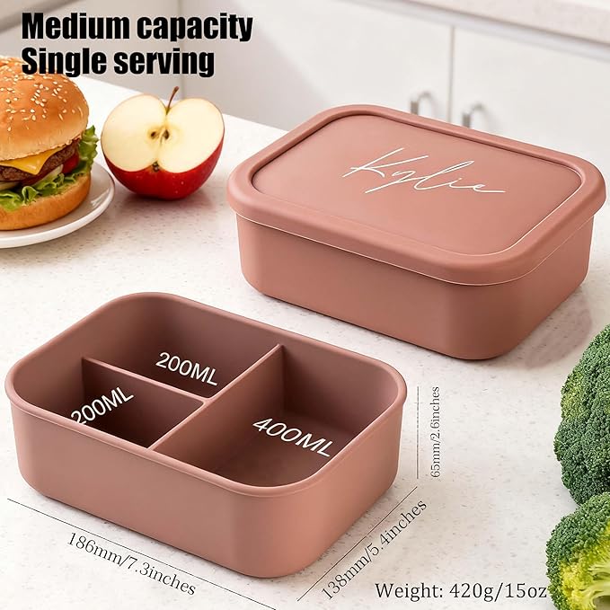 Custom Silicone Bento Box | Personalized Lunch Box with Engraved Name/Logo | Lunch Containers for Work Travel Outdoor with 3 Compartment