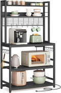 VASAGLE Hutch Bakers Rack with Power Outlet, 14 Hooks Microwave Stand, Adjustable Coffee Bar with Metal Wire Panel, Kitchen Storage Shelf, 15.7 x 31.5 x 66.9 Inches, Charcoal Gray and Ink Black