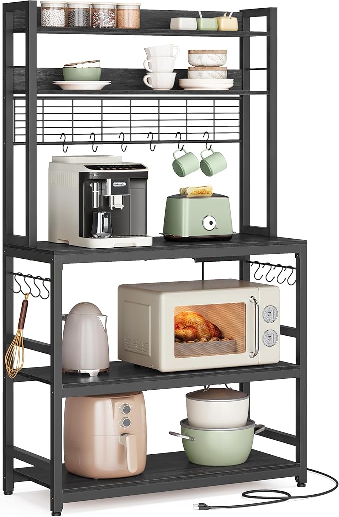 VASAGLE Hutch Bakers Rack with Power Outlet, 14 Hooks Microwave Stand, Adjustable Coffee Bar with Metal Wire Panel, Kitchen Storage Shelf, 15.7 x 31.5 x 66.9 Inches, Charcoal Gray and Ink Black