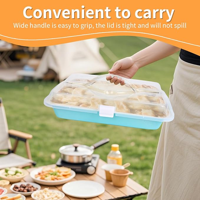 9x13 Baking Pan with Lid and Handle, Nonstick Cake Carrier with Locking Cover, Deep Oblong Bakeware for Brownies, Casseroles, and Travel, Blue and Beige
