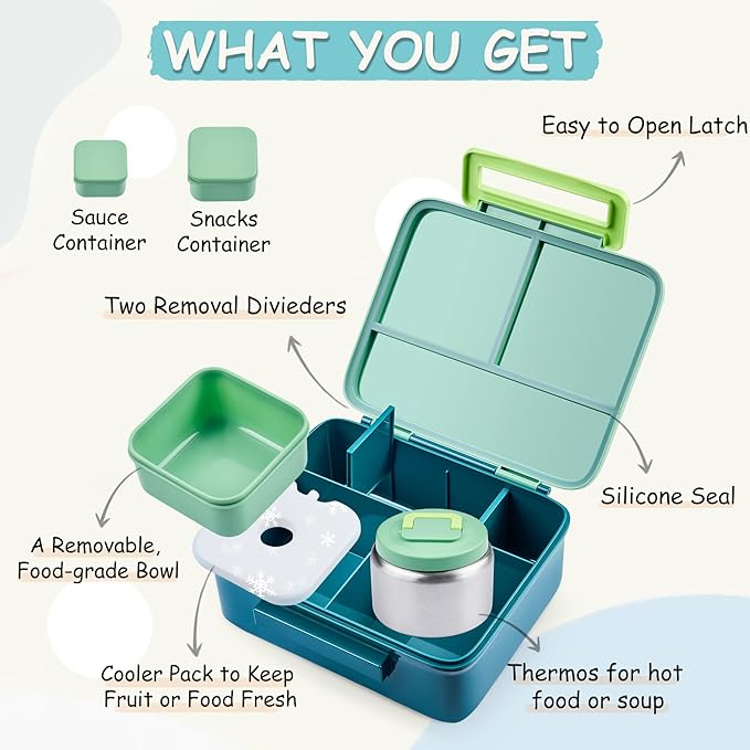 Bento Lunch Box for Kids with 8oz Soup Thermo Leak-Proof Lunch Food Containers with Snack Sauce Container for Kid Girls Boys to School, Green