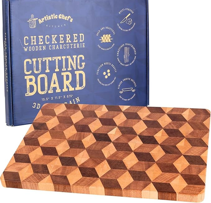 End Grain Wooden Cutting Board for Kitchen 15"x 11" - Walnut Hardwood Chopping Block with Non Slip Grips - Ideal for Charcuterie & Meat Butcher - Handmade 3D Design Wood (0.75" Thick, Large)