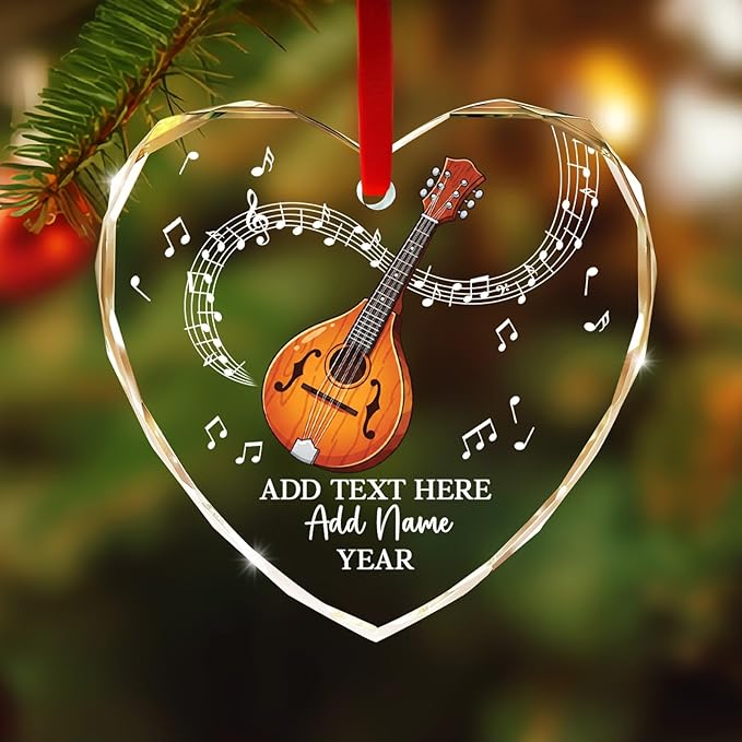 Custom Mandolin Christmas Glass Ornament 2025, Personalized Mandolin Player Xmas Ornament with Text Name & Year, Musical Instrument Christmas Tree Ornaments, Gift for Men Women Mandolinist