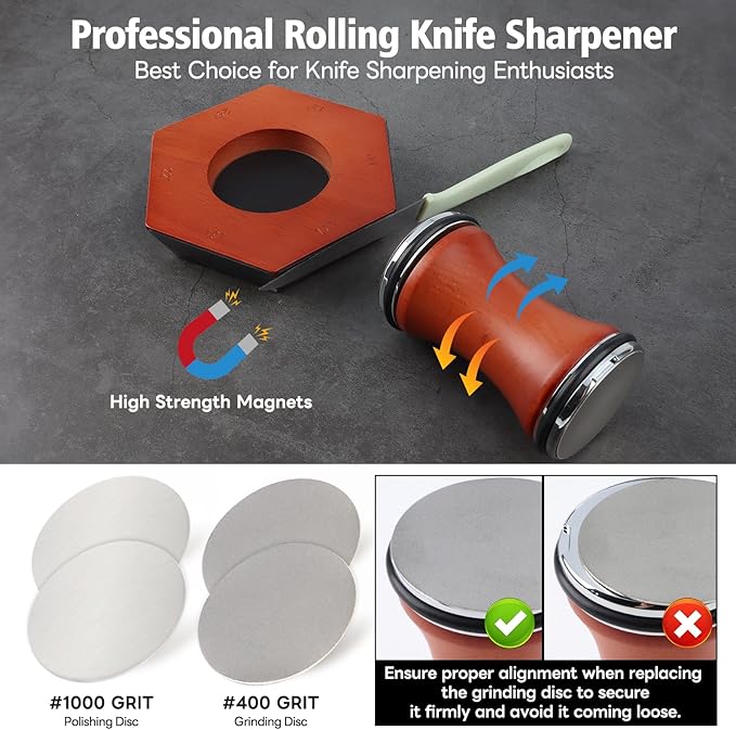 Rolling Knife Sharpener Kit, Kitchen Knife Sharpener with 15 & 20 Degree Sharpening with 2pcs Polishing Disc & 2pcs Grinding Disc for Kitchen Knives, Pocket Knives, Chef's Knives