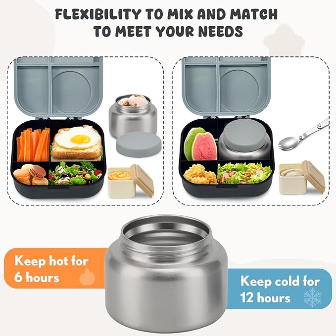 Bento Lunch Box for Kids with 12oz Soup Thermo,4 Compartments Lunch Box Containers Kids, Spoon&Sauce Jar, BPA Free&Leak proof,Insulated Food Jar for Travel(Black)