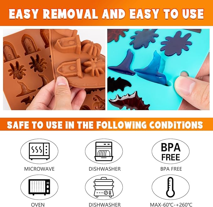 Halloween Chocolate Silicone Mold 3 Pack 3D Pumpkin Bat Witch Hat Spider Tombstone Shaped Candy Molds for Chocolate