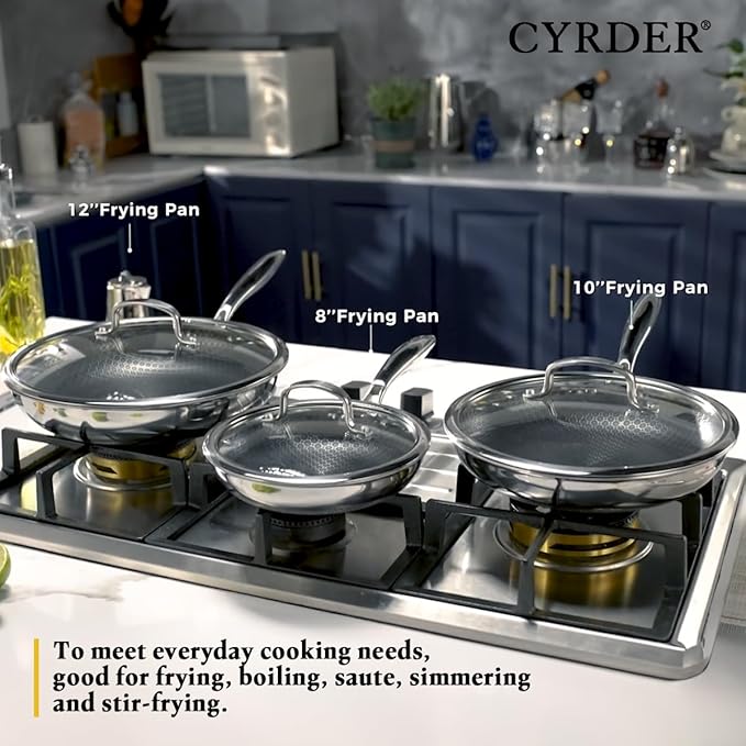 6-Piece Frying Pan Set, 8, 10 and 12 inch Frying Pans, Hybrid Nonstick 18/10 Stainless Pans with Lid, Even &Fast Heating, Compatible with Induction all Cooktop, Dishwasher Oven Safe, Easy Clean