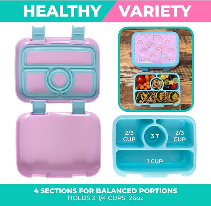 kinsho Kids Bento Lunch Box, Reusable Meal and Snack Container, Lunch Boxes For Small Girls & Toddlers Lunches, 4 Compartment - School, Daycare, Drop-Proof BPA Free, Purple Rainbow