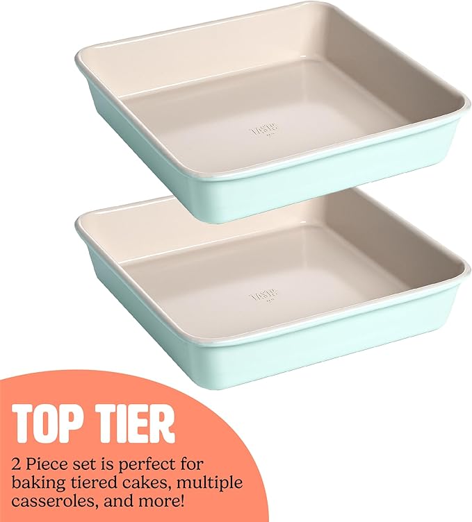 Tasty Clean Ceramic Square Cake Pans Set, 2-Pack of 9-Inch Cake Pans, Durable Aluminized Steel for Professional Results, Clean Ceramic Nonstick Coating, Oven Safe to 425°F, Dishwasher Safe, Aqua