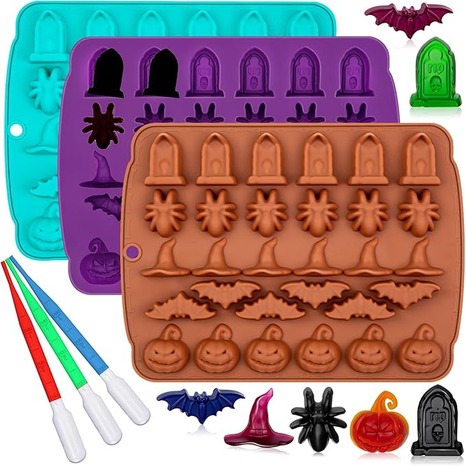 Halloween Chocolate Silicone Mold 3 Pack 3D Pumpkin Bat Witch Hat Spider Tombstone Shaped Candy Molds for Chocolate