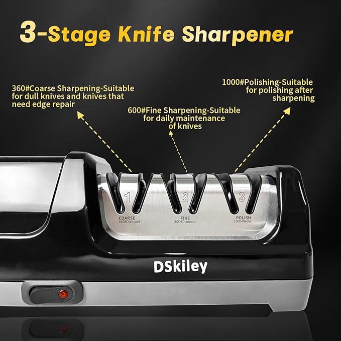 Professional 3-stage Electric Knife Sharpener for Kitchen Knives, with 100% Diamond Abrasive 20° Precision Angle Guide, Quickly Sharpening, Repairing/Restoring/Polish Blades (Silver)