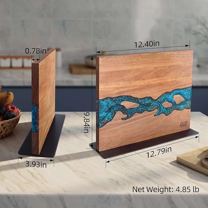 FINDKING Magnetic Knife Block, Double Sided Holder, Powerful Magnet Kitchen Storage, Acacia Wood and Blue Resin (12 x 10 Inches, Without Knives)