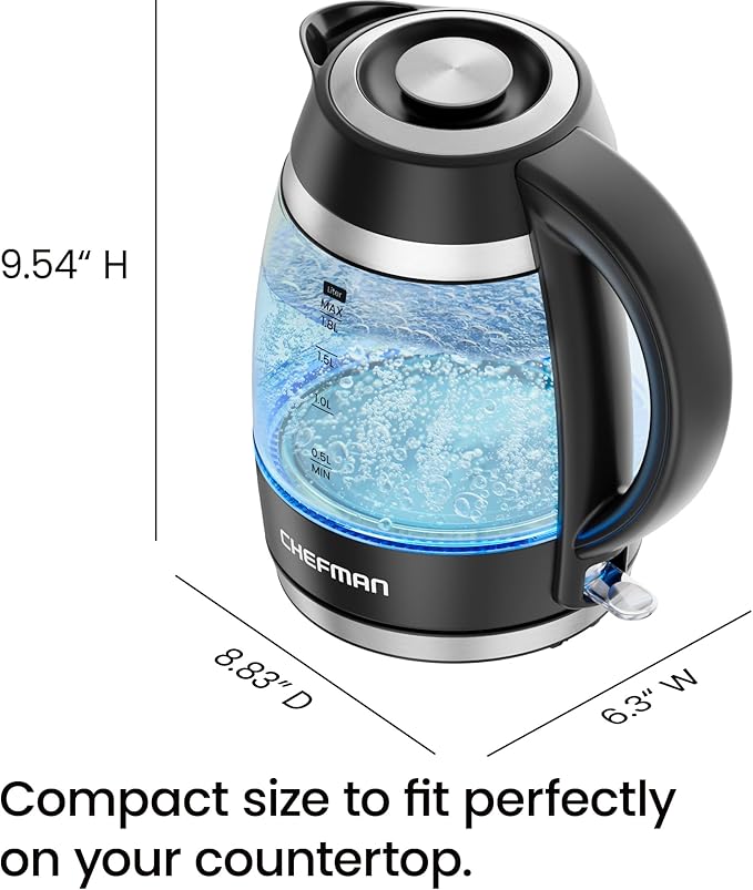 Chefman Electric Kettle, 1.8L 1500W, Hot Water Boiler, Removable Lid for Easy Cleaning, Auto Shut Off, Boil-Dry Protection, Stainless Steel Filter, BPA Free, Borosilicate Glass Electric Tea Kettle