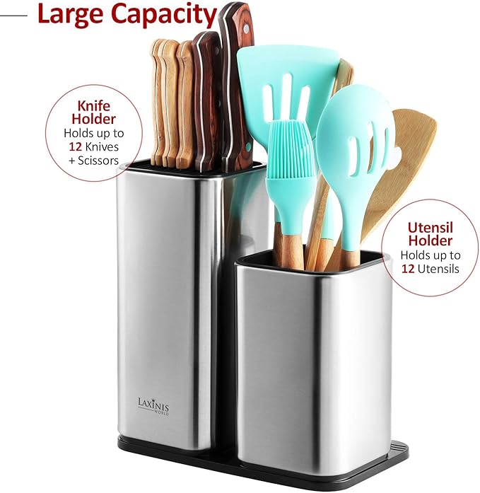 Knife Holder and Utensil Holder - Stainless-Steel Modern Rectangular Design Universal Knife Block and Kitchen Utensils Organizer for Counter-top
