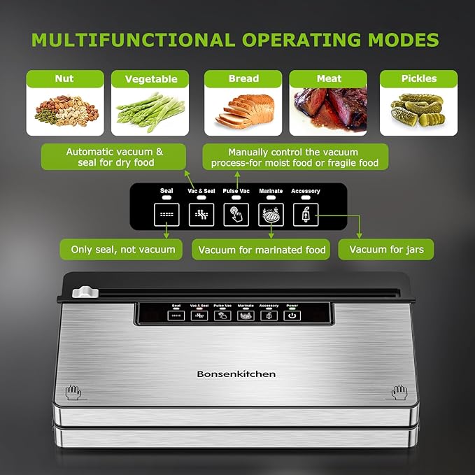 Bonsenkitchen Vacuum Sealer Machine, Powerful Stainless Steel Food Sealer with 5 Modes, Built-in Cutter & Bag Storage,Globefish Technology for High-Speed Continuous Working, Include 1 Bag Roll