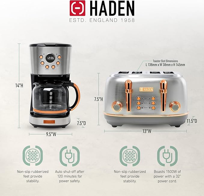 Haden Heritage 4 Slice Wide Slot Stainless Steel Toaster Bundled with 12 Cup Programmable Drip Coffee Maker Coffee Machine, Steel & Copper