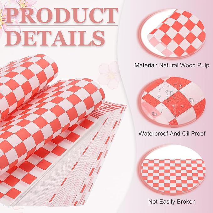 PATIKIL 5.9" x 5.9" Waxed Paper Sheets, 50Pcs Square Pattern Oil-absorbing Dry Food Wrapping Paper for Bakery Coffee Shop Home Baking Kitchen DIY, Red