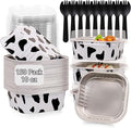 FORBFAN 150 Pcs Mini Square Baking Cups with Lids, 10 oz Mini Aluminum Cake Pans with Spoons, Small Baking Tins Cow Print