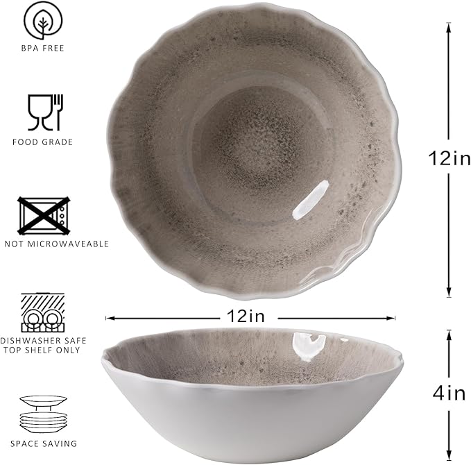 Melamine Serving Bowls Set of 2, 12''x4'' Large Salad Bowls, Fruit Bowls, Mixing Bowls, Serving Bowls for Kitchen, Ideal for Prepping and Serving Food, Gray