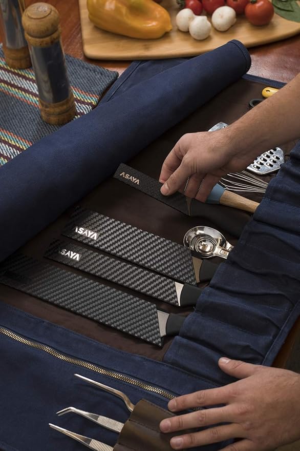 Asaya Waxed Canvas Knife Roll - 15 Knife Slots, Card Holder and Large Zippered Pocket - Genuine Leather, Cloth and Brass Buckles - for Chefs and Culinary Students - Knives Not Included