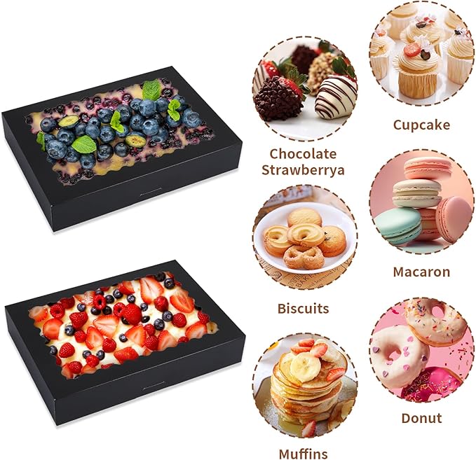 Cookie Boxes,14x10x2.5 Inch Large Bakery Boxes with Window for Pies Chocolate Strawberries Muffins Donuts Pastry Dessert Christmas(Black, 14 * 10 * 2.5inch/24pcs)