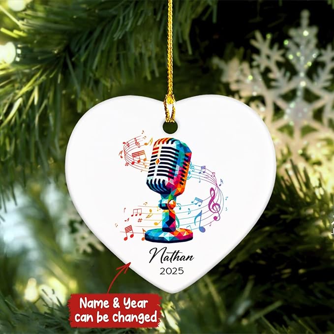 Customized Name & Year Microphone Ceramic Ornaments, Recording Vocals Xmas Ornament Tree, Personalized Microphone Ceramic Ornament Gifts, Singer Vocalist Ornaments Decoration Christmas Hanging 2025